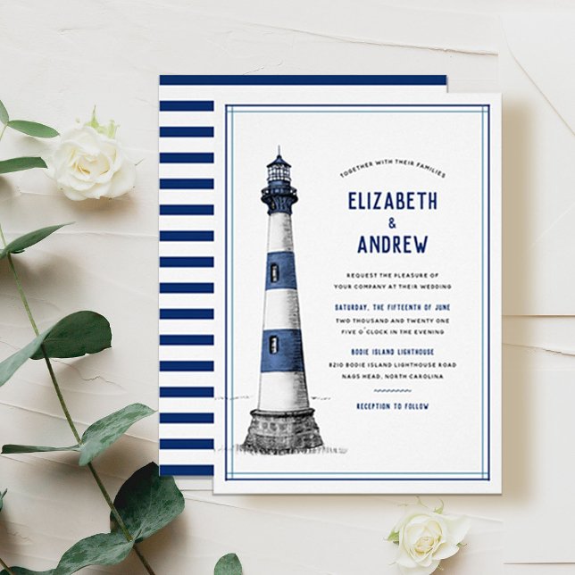Blue White Lighthouse Wedding Invitation (Creator Uploaded)