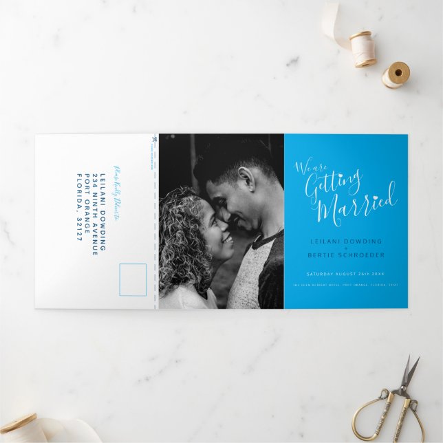 Blue white little heart wedding all-in-one Tri-Fol Tri-Fold Invitation (Outside)