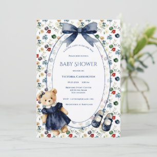 Blue & White Little Lady Floral Bear Vintage Girl Invitation