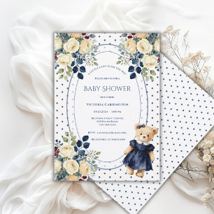 Blue & White Little Lady Teddy Bear Vintage Invitation