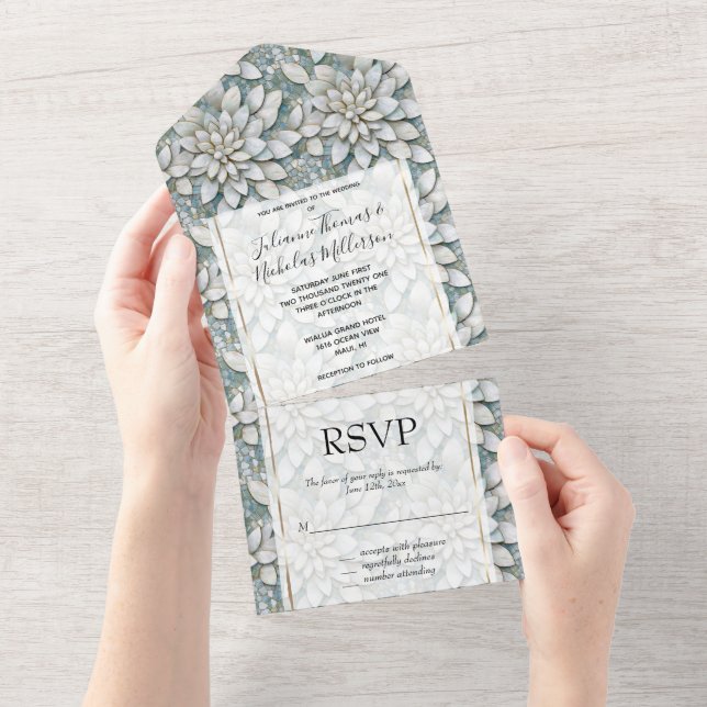 Blue White Lotus Flowers Wedding All In One Invitation (Tearaway)