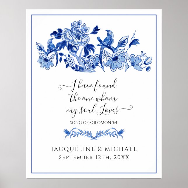 Blue White Love Birds China Floral Welcome Wedding Poster (Front)