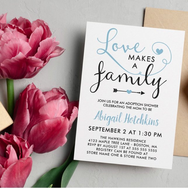 Blue White Love Makes A Family Adoption Shower Invitation (Creator Uploaded)