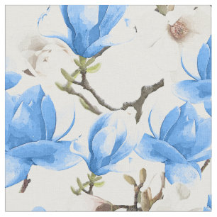 Blue & White Magnolia Blossom Watercolor Pattern Fabric