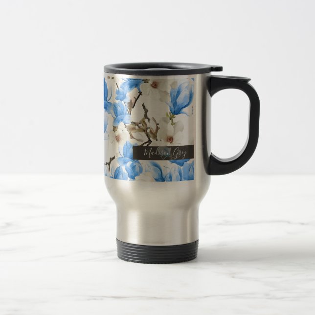 Blue & White Magnolia Blossom Watercolor Pattern Travel Mug (Right)