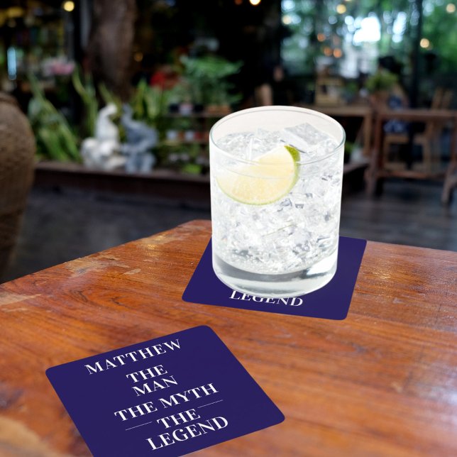 Blue white man myth legend bachelor square paper coaster (Creator Uploaded)