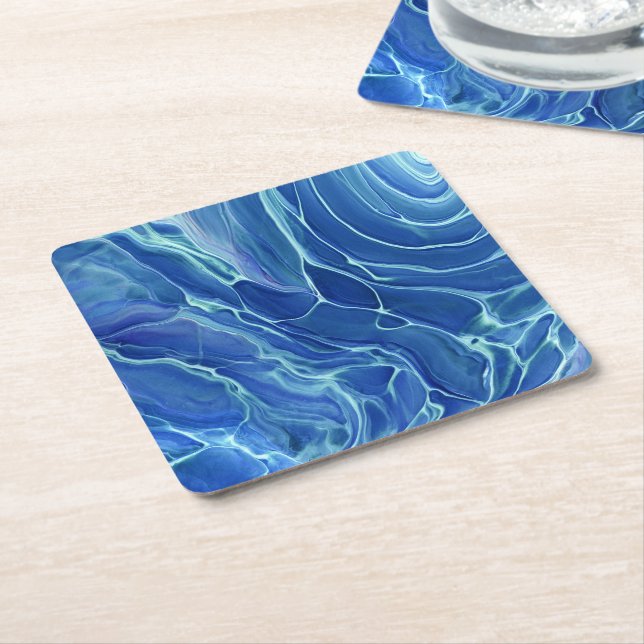 Blue & White Marble Acrylic Abstraction Square Paper Coaster (Angled)