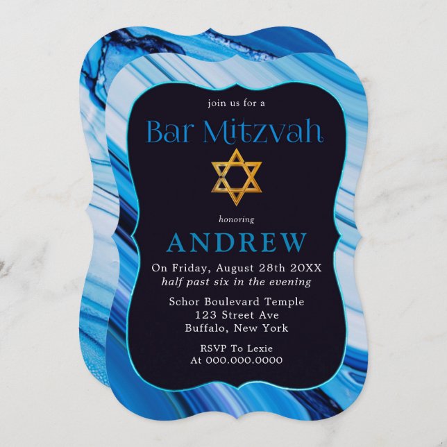 Blue White Marble Bar Mitzvah Star Of David  Invitation (Front/Back)