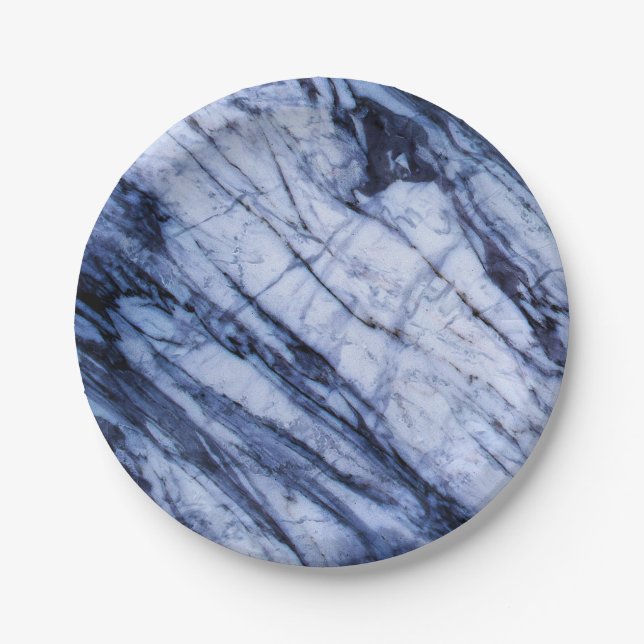 Blue & White Marble Stone Rock Swirl Modern Chic Paper Plate (Front)