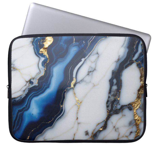 blue white marble texture gold texture pattern lux laptop sleeve (Front)