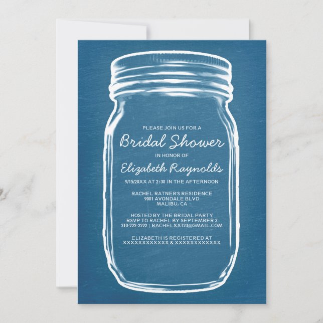 Blue & White Mason Jar Bridal Shower Invitations (Front)