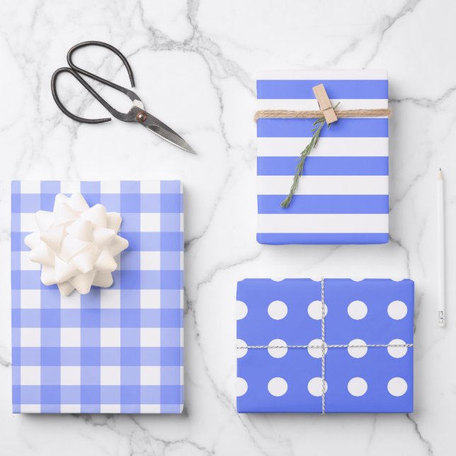 Blue White Matching Patterns Gingham Dots Striped  Wrapping Paper Sheet (Front)
