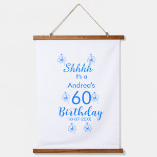 Blue white mauve shhhh 60th birthday floral name hanging tapestry