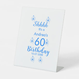 Blue white mauve shhhh 60th birthday floral name pedestal sign