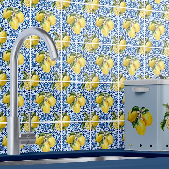 Blue White Mediterranean Lemon Pattern Tile (Creator Uploaded)