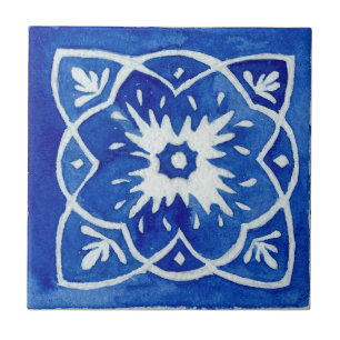 Blue & White Mediterranean Patterned Watercolor Tile