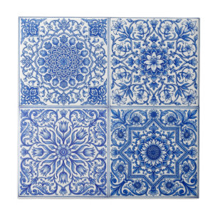 Blue White Mediterranean Tile Botanical Pattern