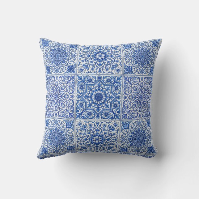Blue White Mediterranean Tile Botanical Pattern Cushion (Back)