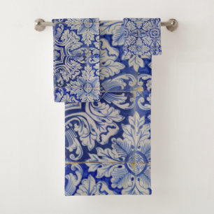 Blue & White Mediterranean Vintage Floral Pattern Bath Towel Set