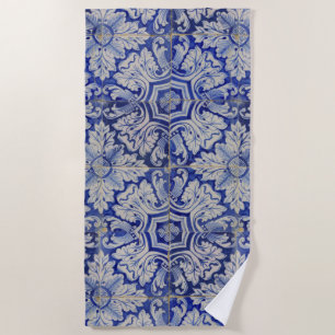 Blue & White Mediterranean Vintage Floral Pattern  Beach Towel