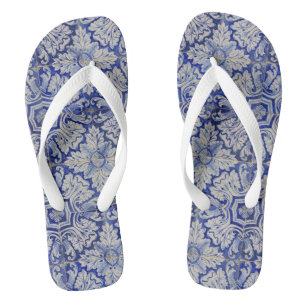 Blue & White Mediterranean Vintage Floral Pattern Jandals