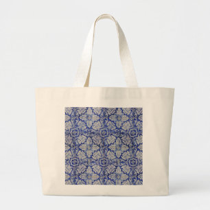 Blue & White Mediterranean Vintage Floral Pattern Large Tote Bag