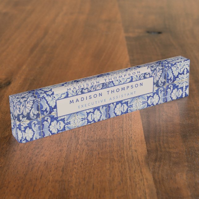 Blue & White Mediterranean Vintage Floral Pattern Nameplate (Side)