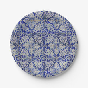 Blue & White Mediterranean Vintage Floral Pattern Paper Plate