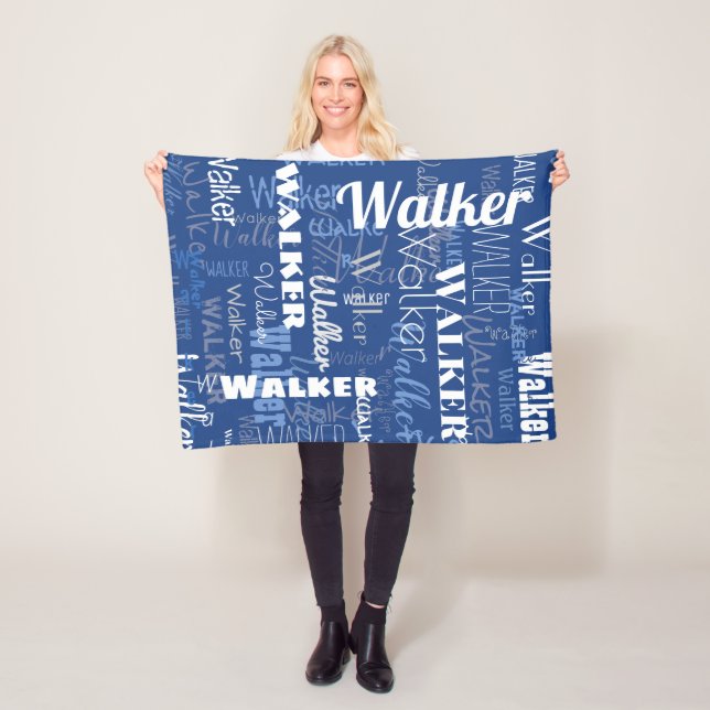 Blue White Medium Length Name Pattern Typography Fleece Blanket (In Situ)
