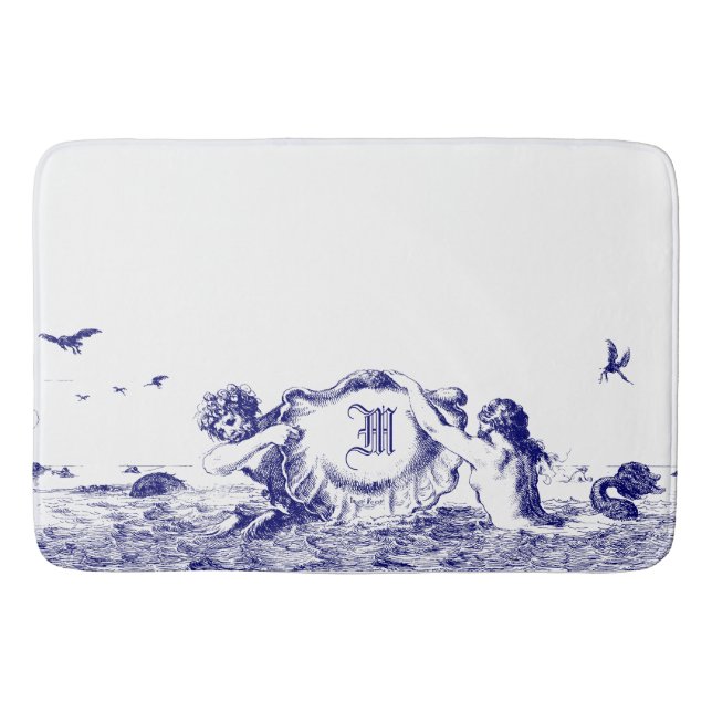 Blue & White Mermaids With Seas hell Monogram Bath Mat (Front)