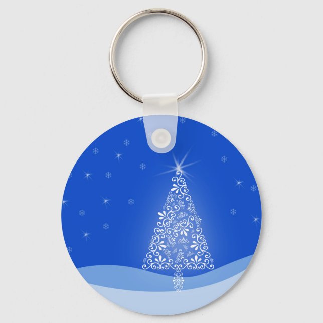 Blue White Merry Christmas Tree Stars Night Light Key Ring (Front)