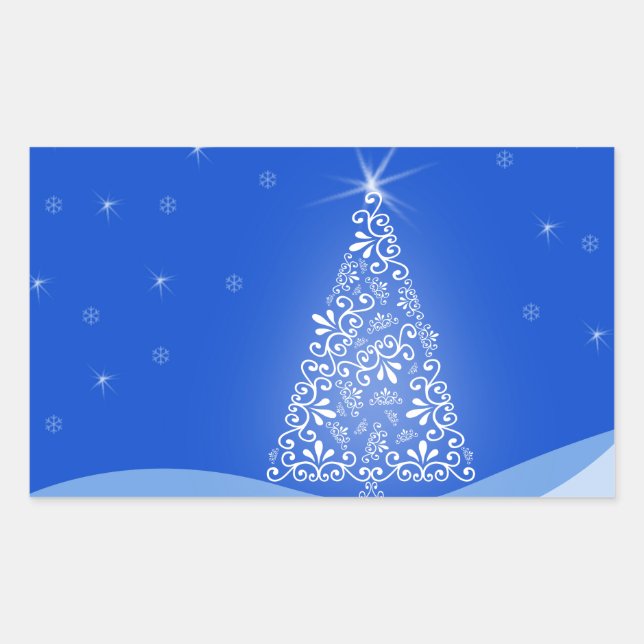 Blue White Merry Christmas Tree Stars Night Light Rectangular Sticker (Front)