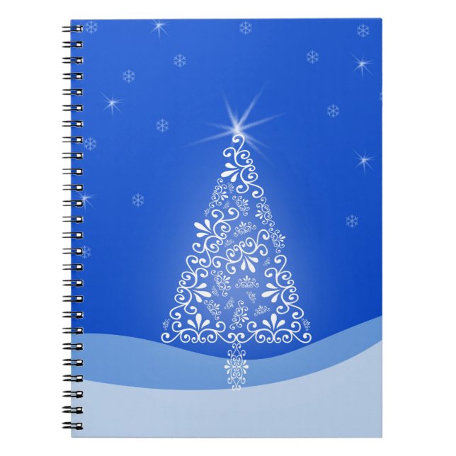Blue White Merry Christmas Tree Stars Night Light Spiral Notebook (Front)