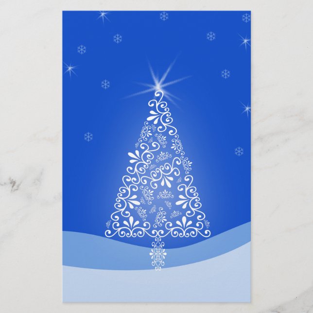 Blue White Merry Christmas Tree Stars Night Light Stationery (Front)
