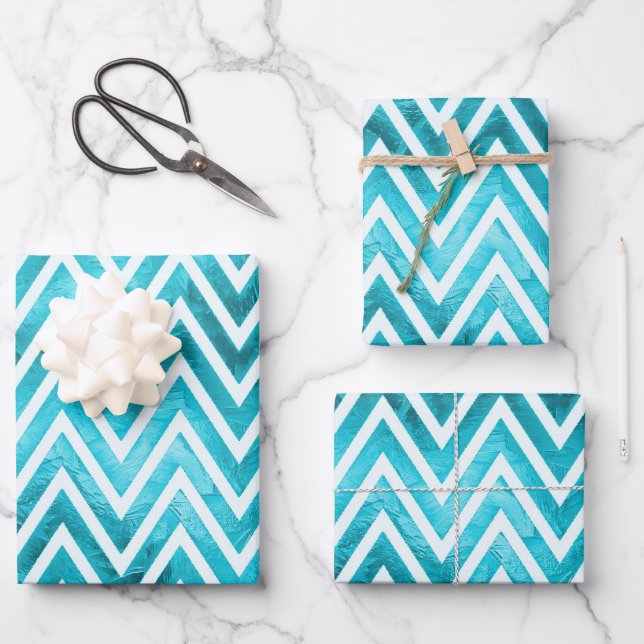 blue white metallic chevron pattern background wrapping paper sheet (Front)