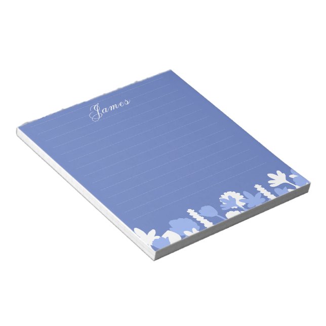 Blue White Minimal Floral Personalized Notepad (Angled)