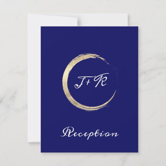Blue White Minimalism Gold Wedding Reception Card (Front)