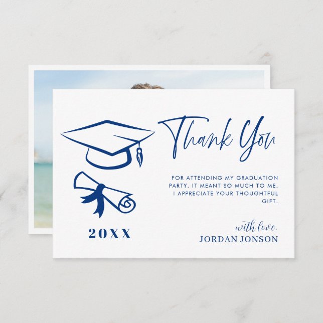 Blue White Minimalist Modern Graduation Photo Thank You Card (Front/Back)
