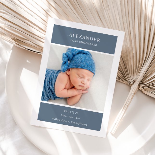 Blue White Minimalist Photo Baby Announcement Card (Creator Uploaded)