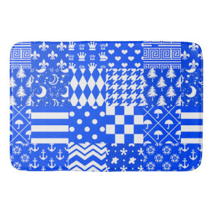 Blue White Mixed Patterns Patchwork Design Bath Mat