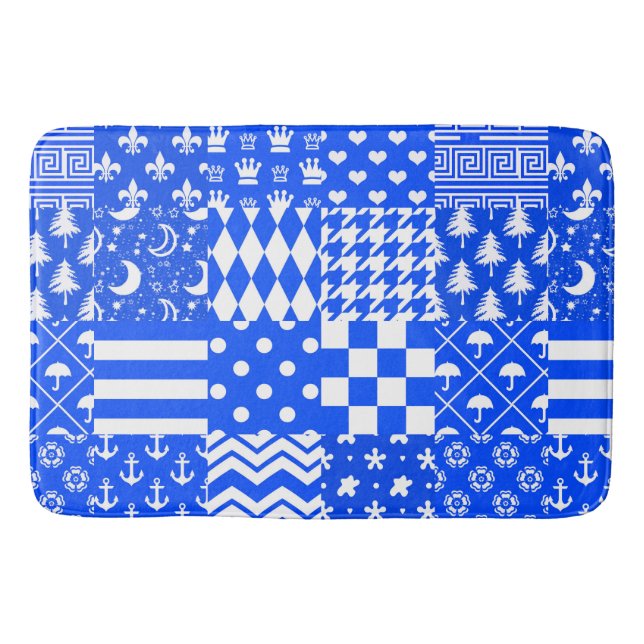 Blue White Mixed Patterns Patchwork Design  Bath Mat (Front)