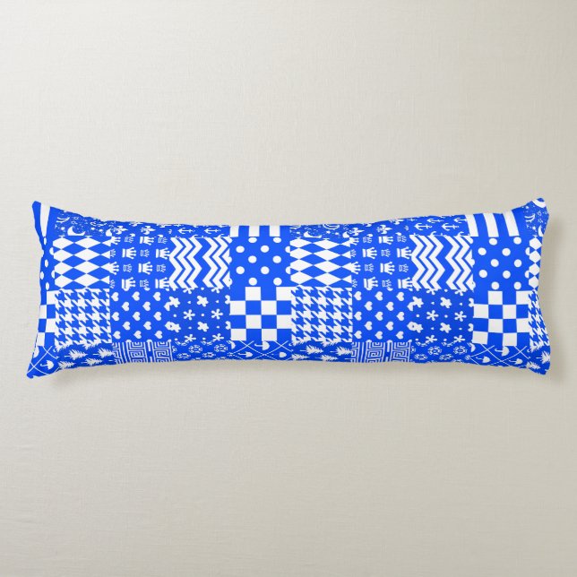 Blue White Mixed Patterns Patchwork Design  Body Cushion (Front)