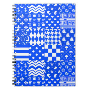 Blue White Mixed Patterns Patchwork Design Notebook