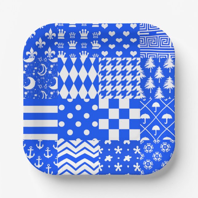 Blue White Mixed Patterns Patchwork Design  Paper Plate (Front)