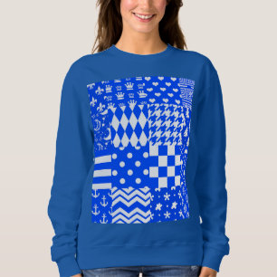 Blue White Mixed Patterns Patchwork Design  Sweatshirt