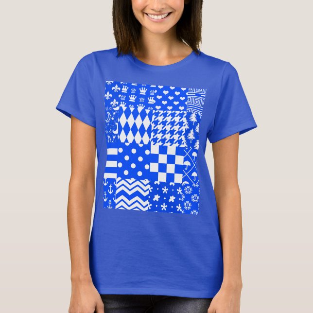 Blue White Mixed Patterns Patchwork Design  T-Shirt (Front)