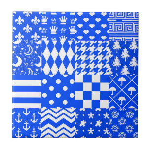 Blue White Mixed Patterns Patchwork Design Tile