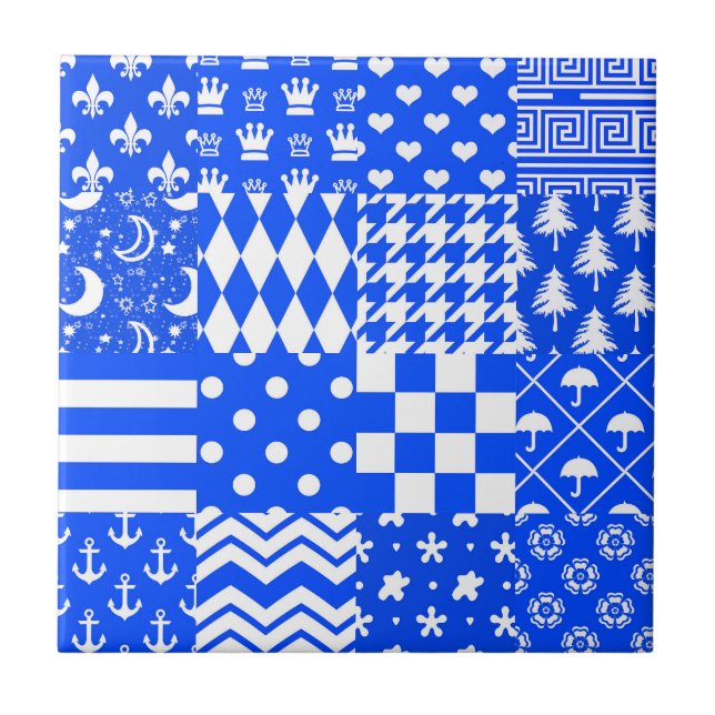 Blue White Mixed Patterns Patchwork Design  Tile (Front)