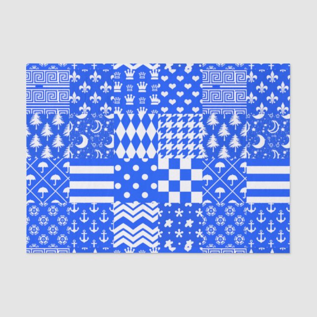 Blue White Mixed Patterns Patchwork Design  Tissue Paper (Front)