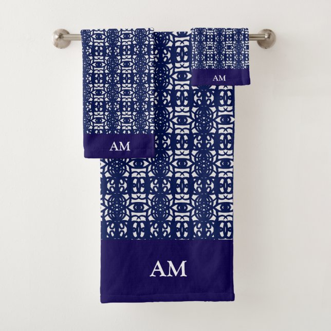 Blue & White Modern Abstract Pattern and Monogram Bath Towel Set (Insitu)